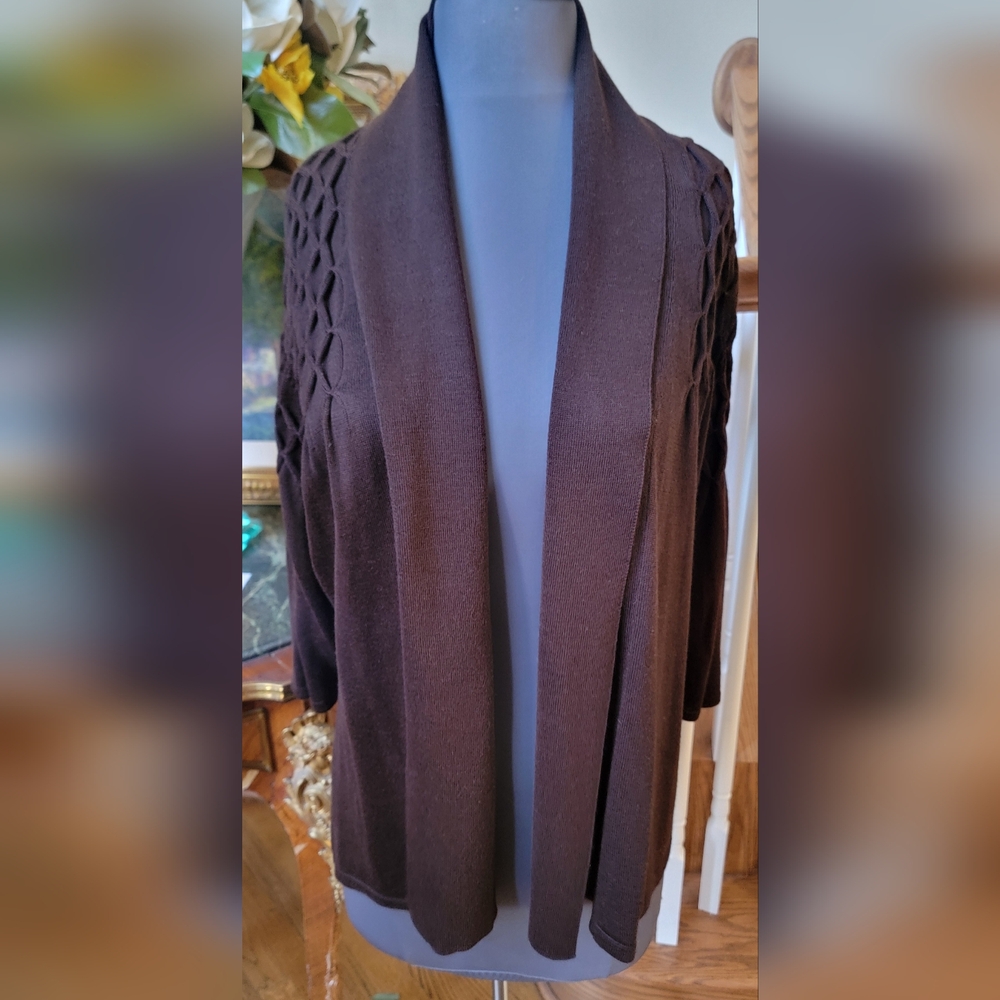 WILLI SMITH Wool Blend Brown Soft Open Collar Textured Cable Sweater 3/4 Slv XL